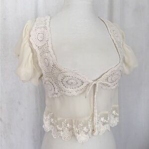 VTG Elena Collection Crochet Lace Open Front Top Ivory Boho Bridal Sheer Blouse